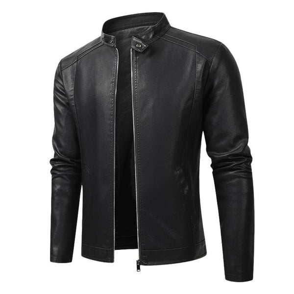 Men's Black Zippered Leather Motorcycle Jacket 42117242U