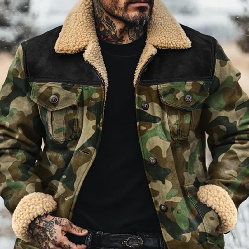 Men's Fleece Lapel Camouflage Suede Single Breasted Jacket 22066672Z