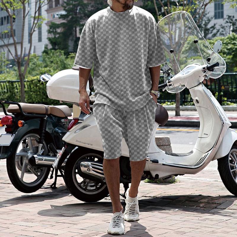 Men's Loose Checkerboard Round Neck Short-sleeve T-shirt Shorts Casual Set 67962312Z