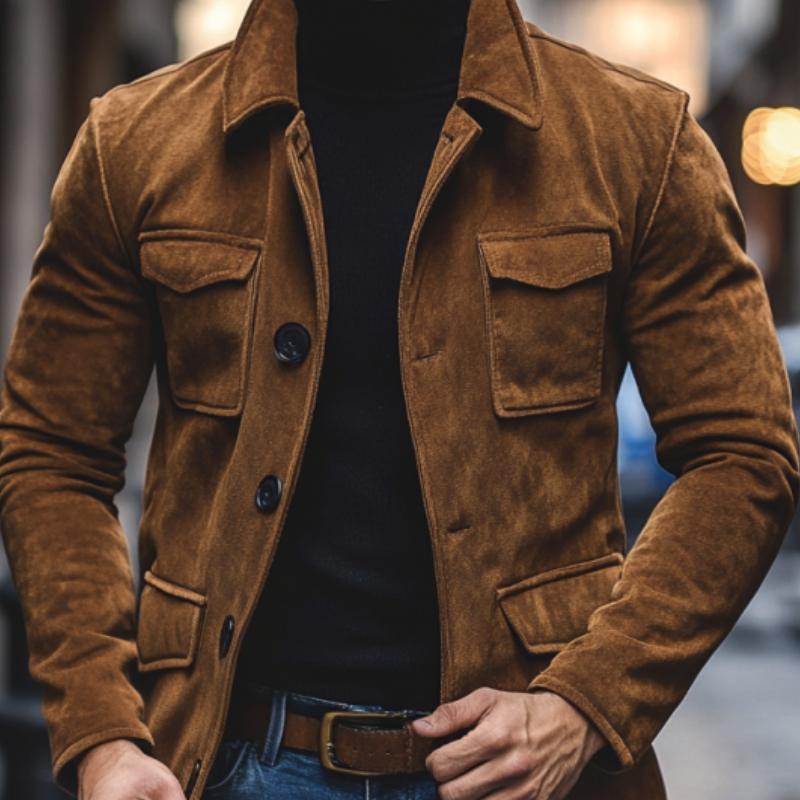 Lockere Jacke aus Wildleder mit Vintage-Revers und mehreren Taschen für Herren 91055496M