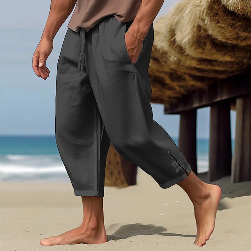 Men's Solid Loose Cotton And Linen Elastic Waist Casual Pants 86557479Z