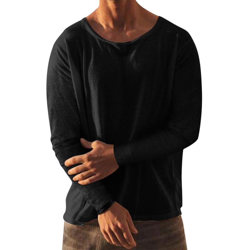 Men's Solid Loose Round Neck Long Sleeve Linen T-shirt 57497281Z