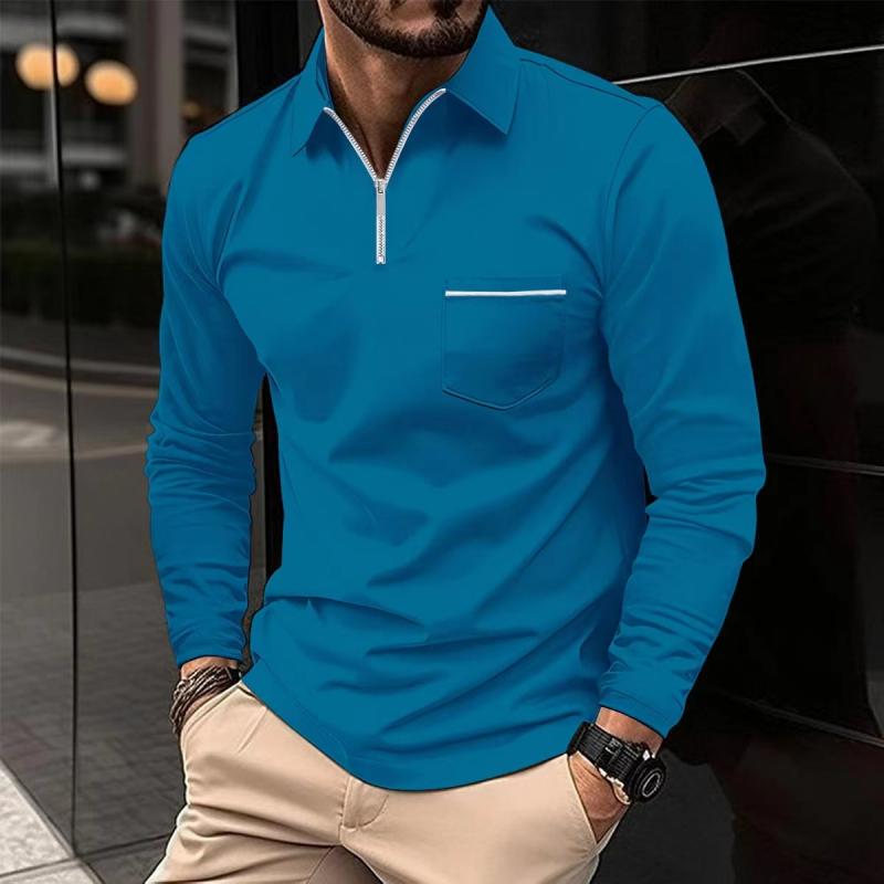 Men's Solid Zipper Lapel Breast Pocket Long Sleeve Polo Shirt 49740491Z