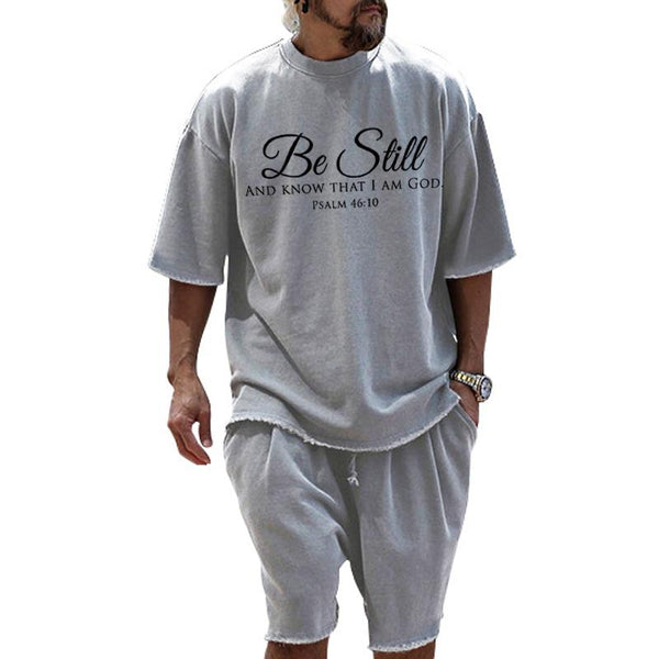 Men's Fashion Loose Christian Quote Print Short Sleeve T-Shirt and Shorts Set 59557781Z