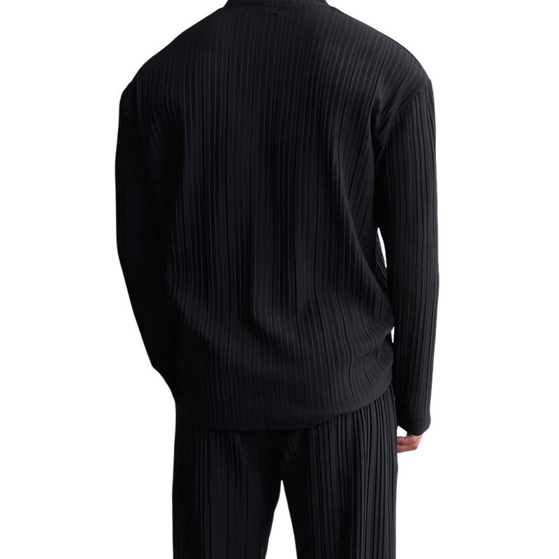 Men's Solid Color Striped V Neck Long Sleeve Shirt Trousers Set 42956045Z