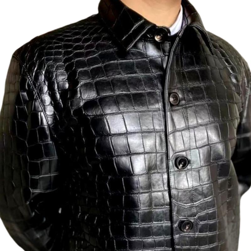 Men's All-match Solid Color Lapel Croc-effect Leather Jacket 62485822F