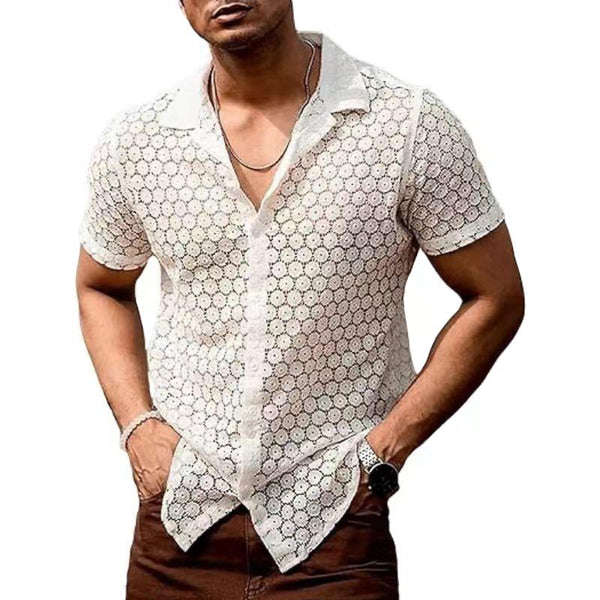 Men's Lace Lapel Short Sleeve Single Breasted Shirt 27965104Z