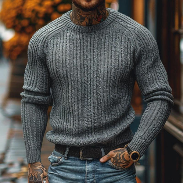 Men's Casual Round Neck Knitted Cable Long Sleeve Slim Fit Pullover Sweater 74890025M