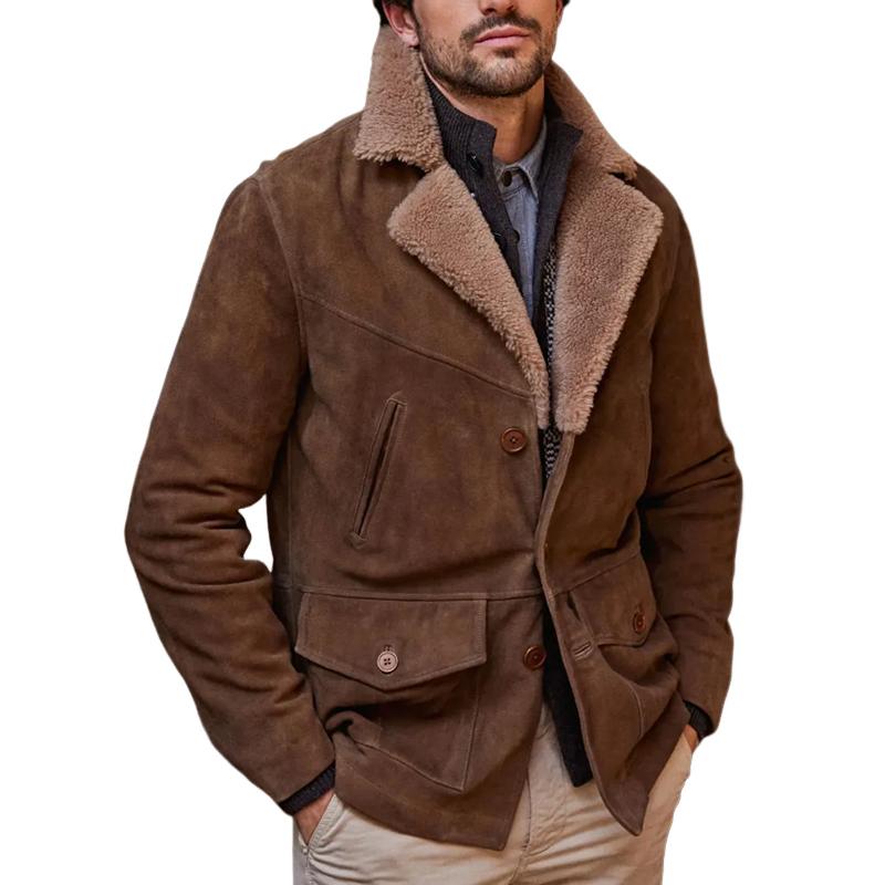 Men's Vintage Suede Fleece Lapel Multi-pocket Single Breasted Casual Jacket 37514886Z