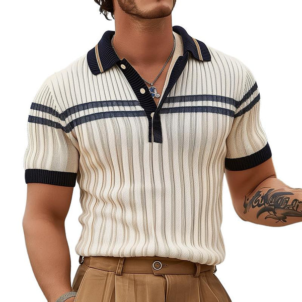 Men's Colorblock Striped Lapel Short Sleeve Knit Polo Shirt 56622382Z