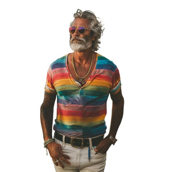 Men's Vintage Rainbow Stripe Print Button V-Neck Short Sleeve T-Shirt 62731223Y