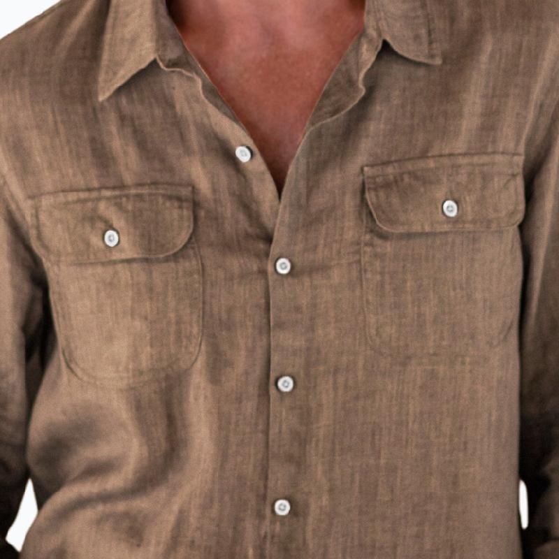 Men's Casual Cotton and Linen Double Chest Pockets Long Sleeve Shirt 06136562Y