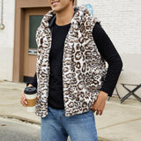 Men's Casual Faux Fur Hooded Leopard Vest 22259889Y