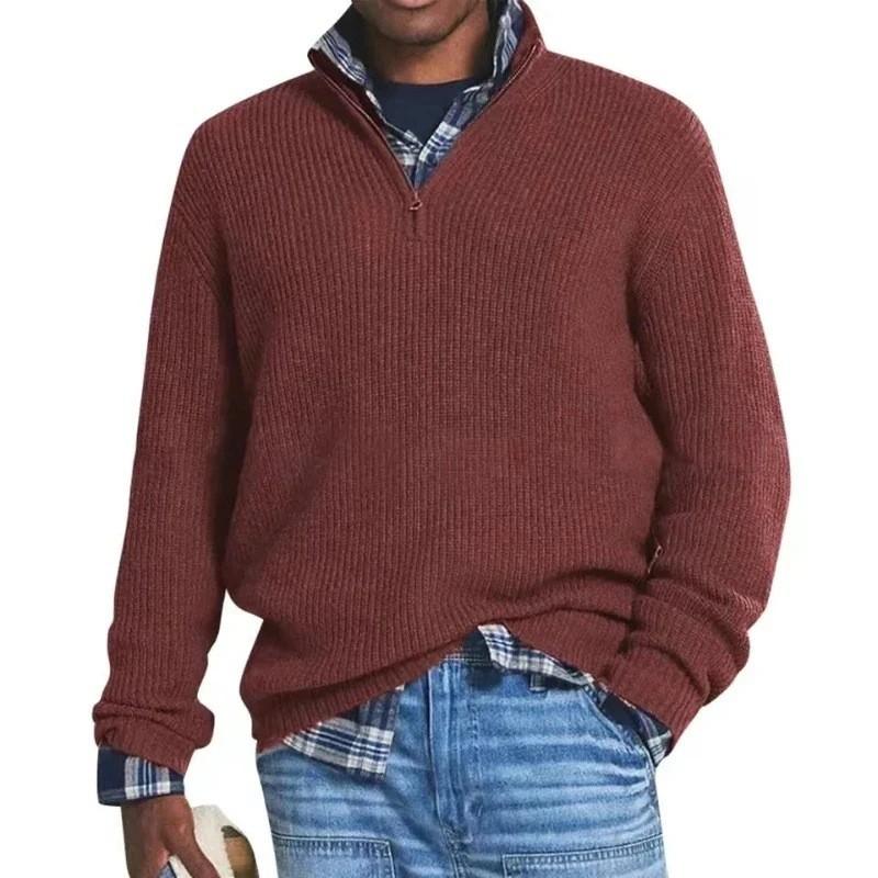 Men's Solid Color Loose Zipper Stand Collar Long Sleeve Knit Sweater 96215971Z