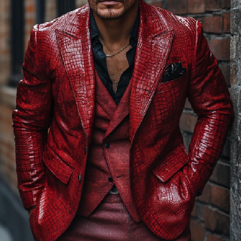 Men's Classic Lapel Red Crocodile Pattern Leather Blazer 42053399F