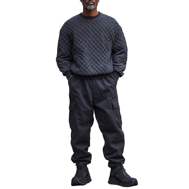 Men's Classic Crew Neck Quilted Air Layer Sweatshirt and Multi-Pocket Casual Pants Two-Piece Set 73022244F