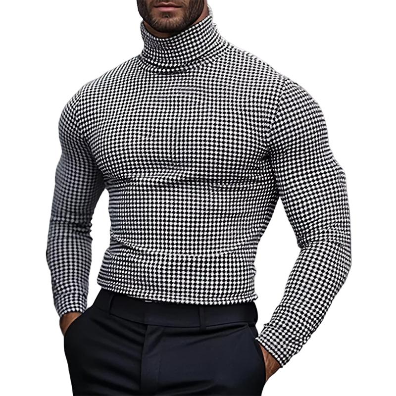 Men's Fashion Plaid High Neck Slim Fit Long Sleeve T-Shirt 70244717Y