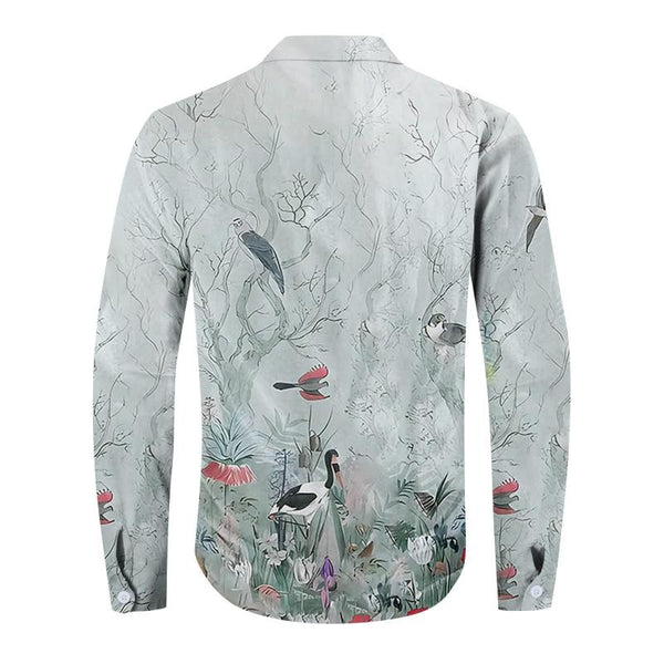 Men's Vintage Birds Print Stand Collar Long Sleeve Shirt 75677001Z