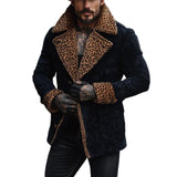 Men's Vintage Suede Stitching Leopard Print Fur Collar Short Coat 02531960Y