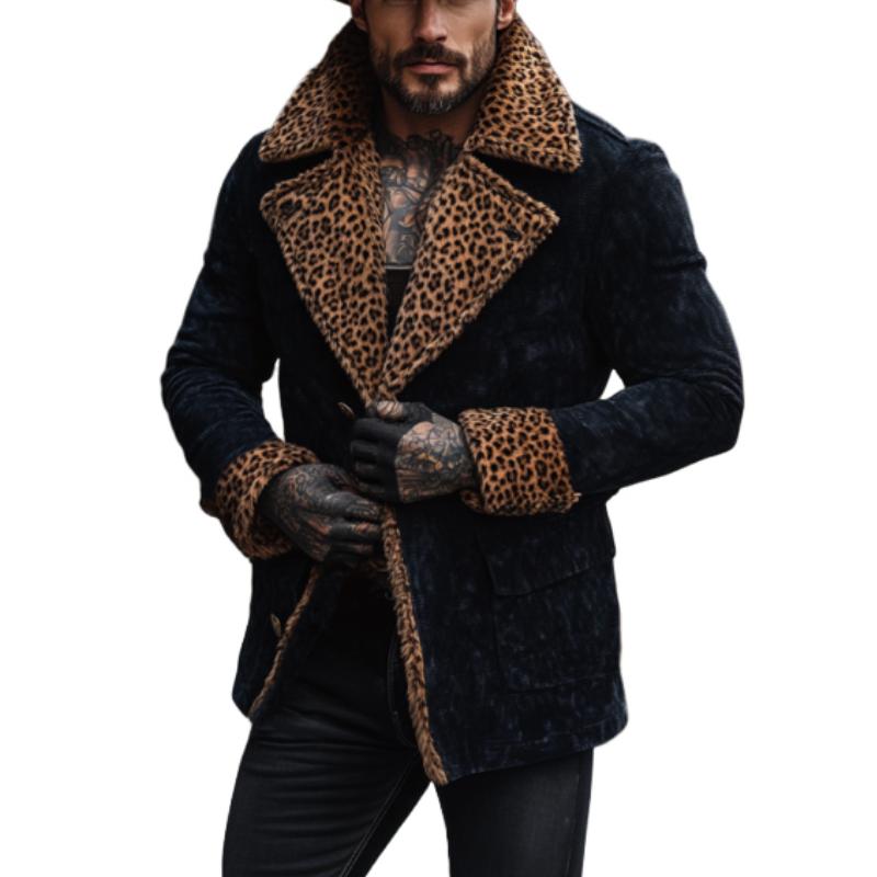 Men's Vintage Suede Stitching Leopard Print Fur Collar Short Coat 02531960Y