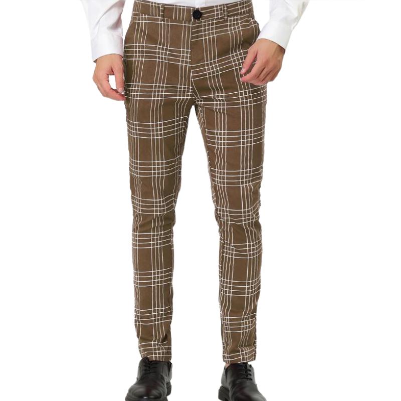 Men's Retro Casual Simple Slim Fit Plaid Skinny Suit Pants 40425148TO