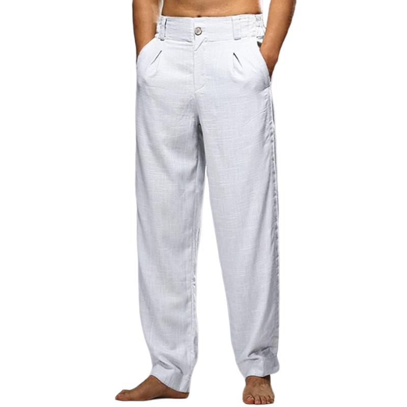 Pantaloni casual dritti in cotone e lino tinta unita da uomo 50104064Z