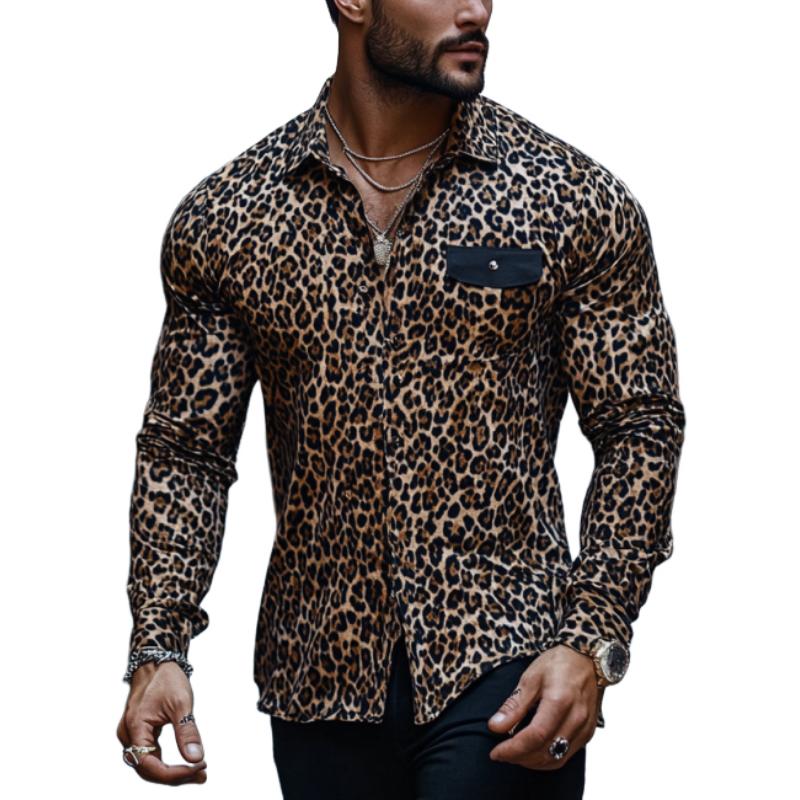 Men's Casual Fashion Print Leopard Pocket Slim Fit Long Sleeve Shirt 82339907K