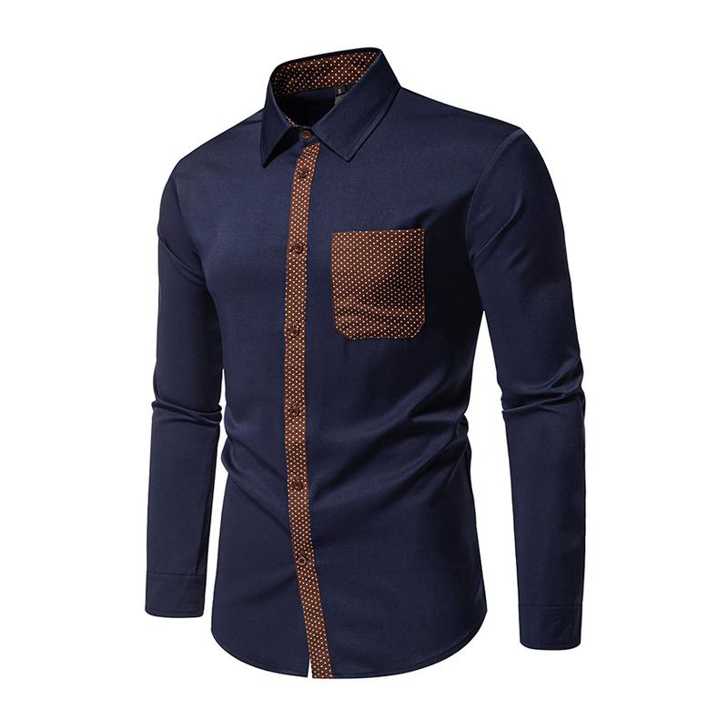 Men's Casual Contrast Color Lapel Patch Pocket Slim Fit Long Sleeve Shirt 86951430M