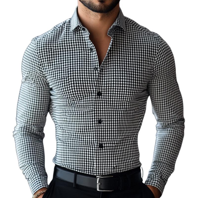 Men's Retro Casual Houndstooth Print Lapel Long Sleeve Shirt 44411829TO