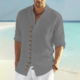 Men's Solid Cotton And Linen V Neck Long Sleeve Casual Shirt 33955665Z