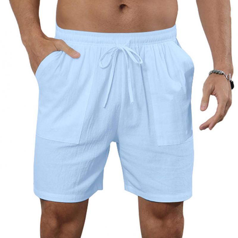 Men's Solid Color Cotton And Linen Beach Drawstring Shorts 66870843Y