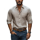 Men's Casual Cotton Linen Lapel Patch Pocket Loose Long Sleeve Shirt 32996965M