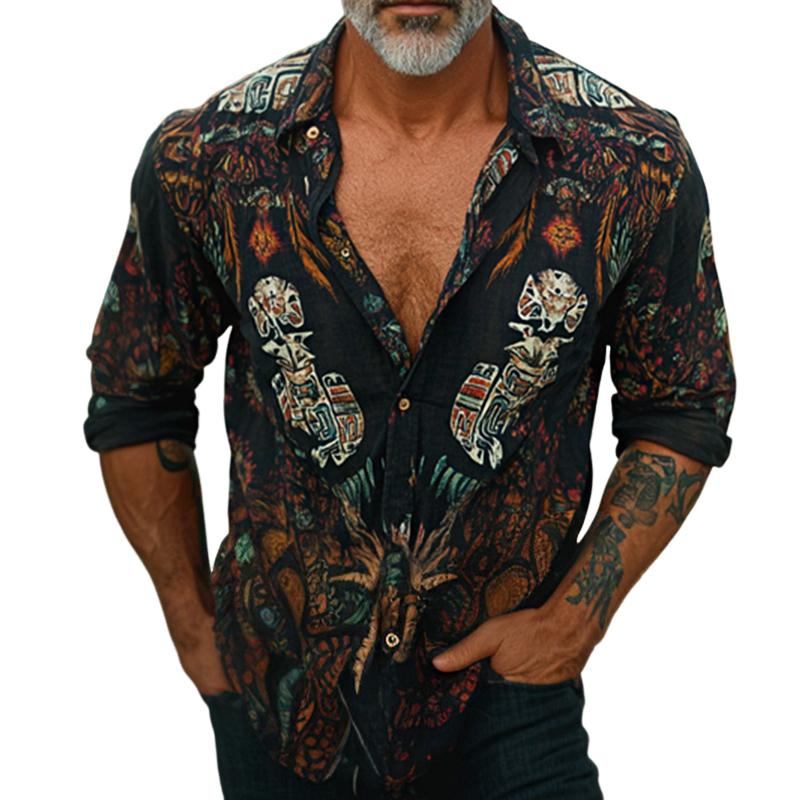 Men's Retro Casual Cotton and Linen Totem Print Long Sleeve Shirt 31675875TO