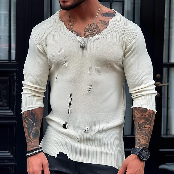 Men's Solid Color Ripped Round Neck Long Sleeve Knitted Sweater 55942993Z