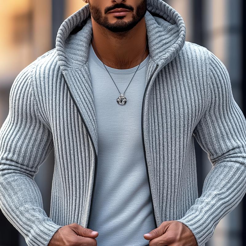 Modische Strickjacke für Herren mit Kapuze, einfarbig, gestreift, langen Ärmeln, mittellang, 36050893Z