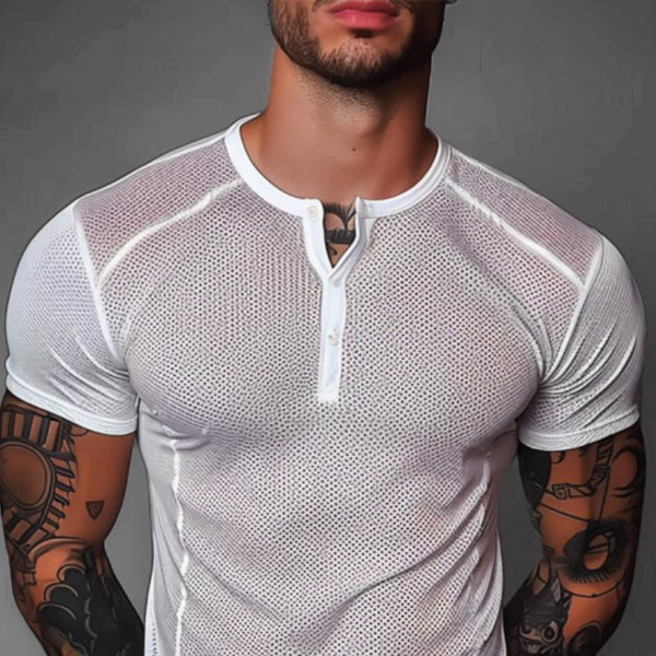 Men's Sexy Mesh Henley Neck Short Sleeve T-Shirt 93917495Y