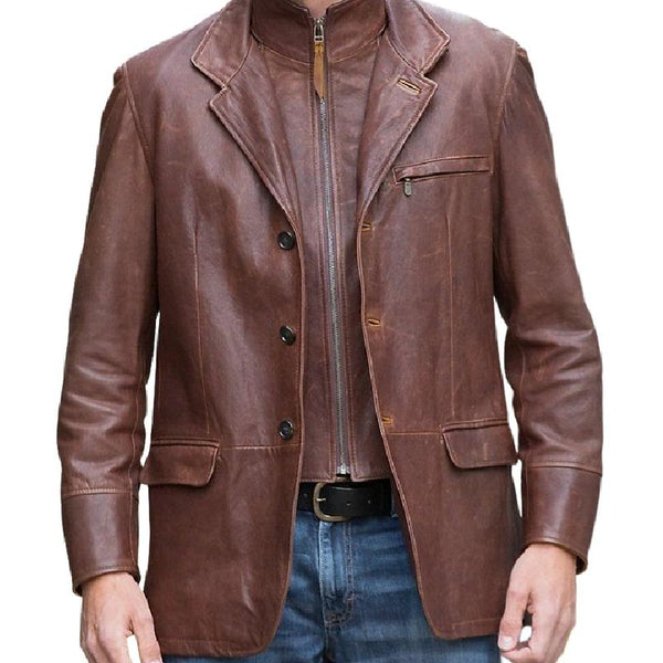 Men's Classic Lapel Fake Two-Piece Leather Jacket 40032912F