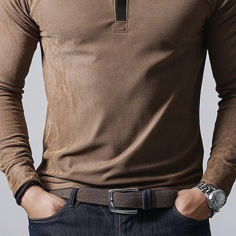 Men's Classic Casual Stand Collar Suede Long Sleeve Polo Shirt 14463713K