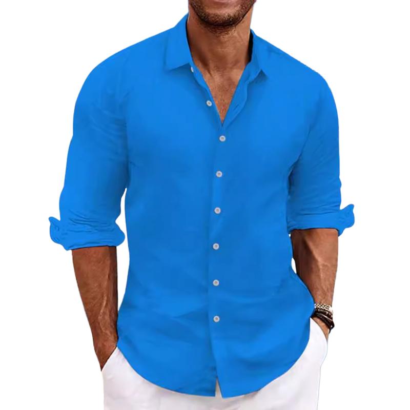 Men's Casual Cotton Linen Blend Lapel Long-Sleeved Shirt 45739465M ...