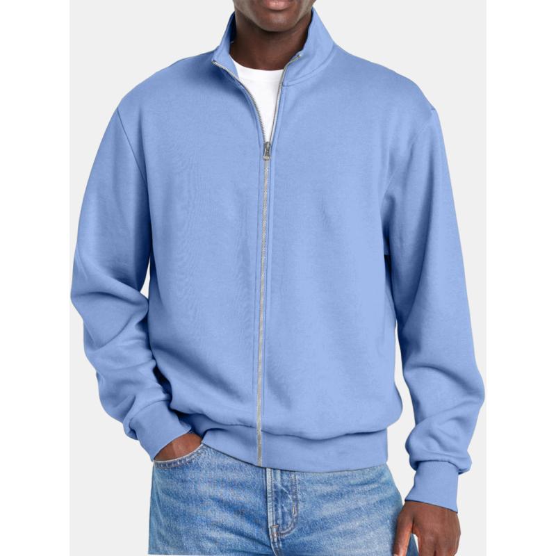 Men's Solid Color Zipper Stand Collar Long Sleeve Sweatshirt Jacket 58782049Y