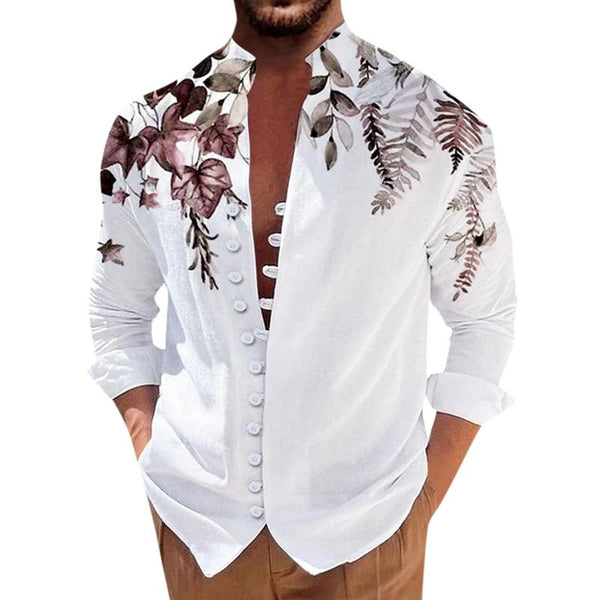 Men's Stand Collar Leaves Printed Long Sleeve Shirt 64448639Z