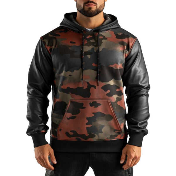 Men's Casual Fashionable Stitching Camouflage Leather Hoodie 28803169K