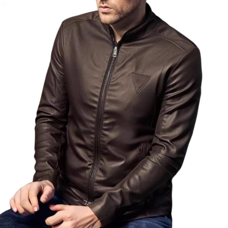 Men's Casual Solid Color Stand Collar Zipper Slim Leather Jacket 33279766M