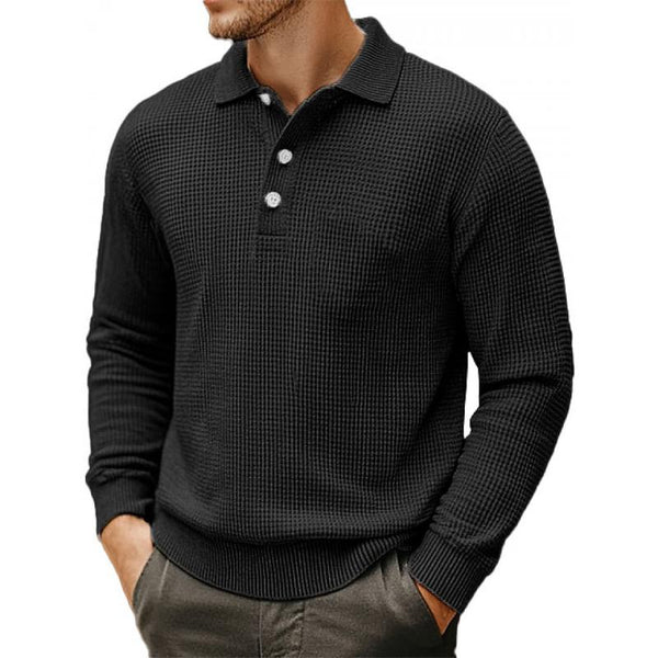 Men's Casual Waffle Loose Lapel Long Sleeve Polo Shirt 98910967M