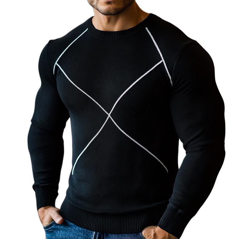 Men's Line Design Black Crew Neck Sweater 05211488U