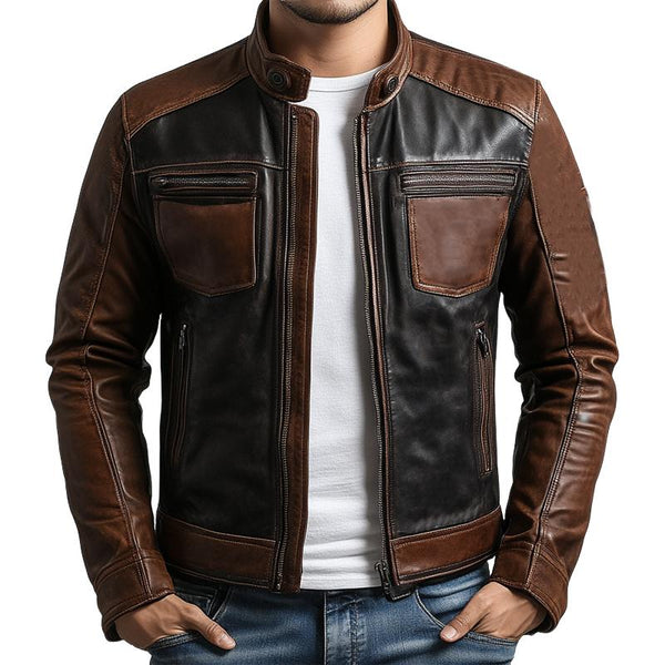 Men's Vintage Colorblock Zip-Up Leather Jacket 36469749U