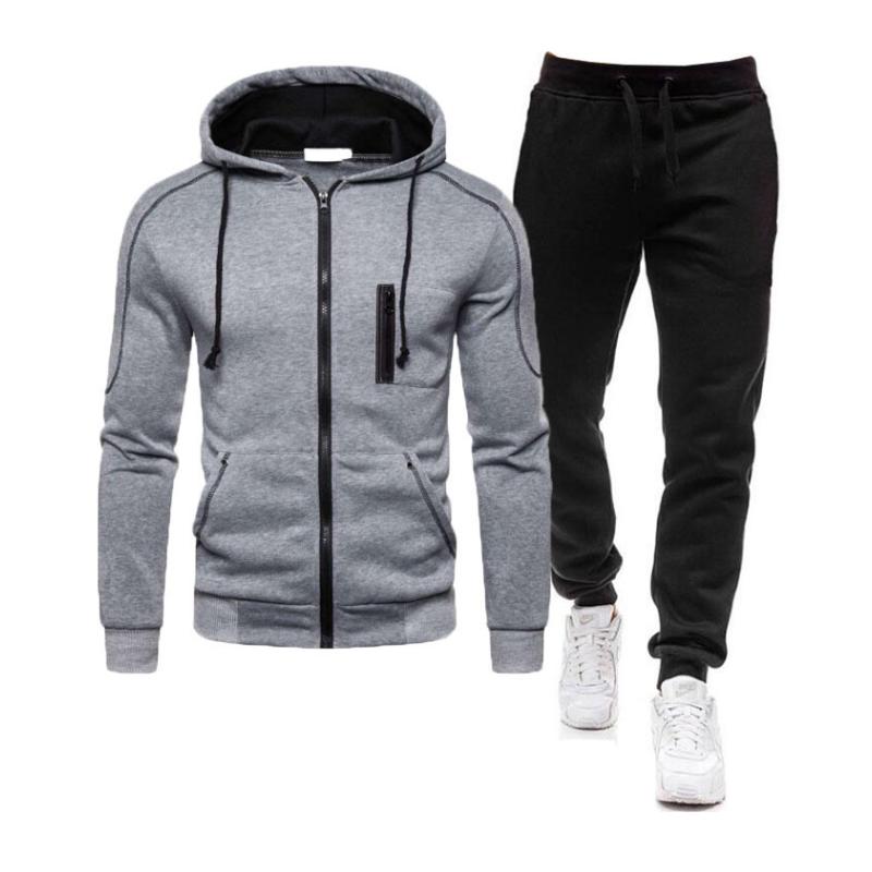 Men's Casual Colorblock Zipper Hooded Sports Jacket Elastic Waist Pants Set 15967302M