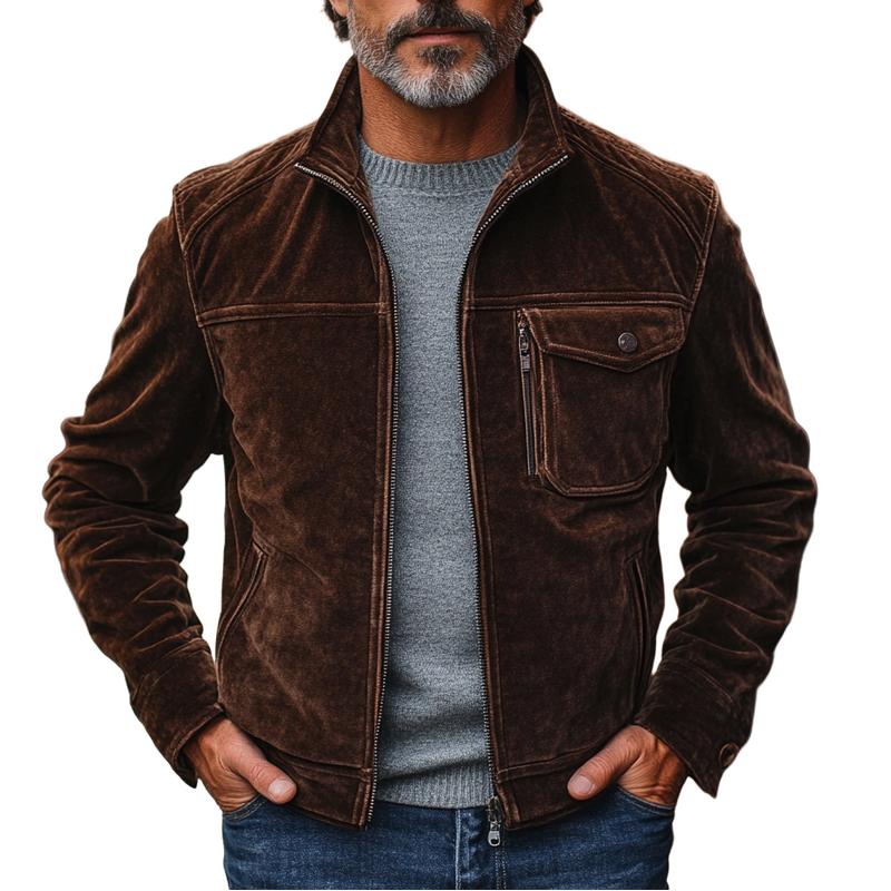 Men's Vintage Suede Stand Collar Zipper Chest Pocket Jacket 37668399Y