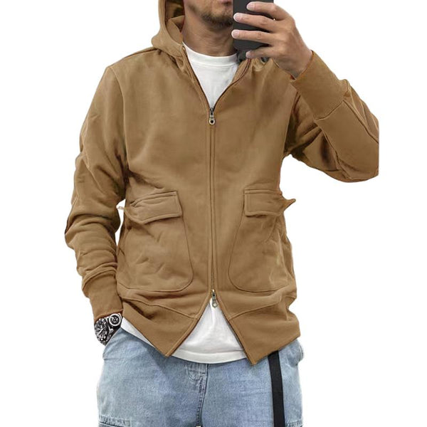 Men's Casual Solid Color Fleece Large Pocket Zipper Loose Hoodie Jacket 96210118M