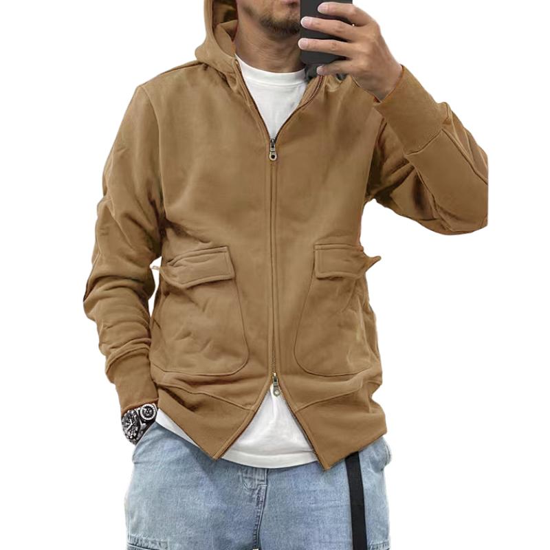 Men's Casual Solid Color Fleece Large Pocket Zipper Loose Hoodie Jacket 96210118M